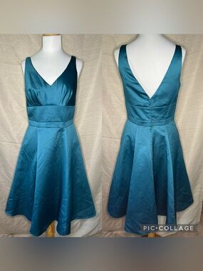 Alfred Angelo Teal Satin V-Neck Fit & Flare Midi Dress